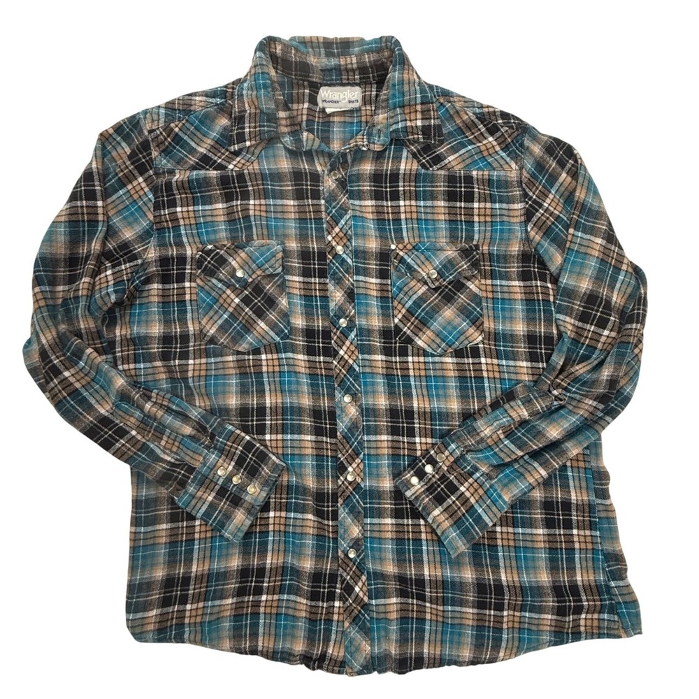 Wrangler Wrancher Mens Large Blue Plaid Western Pearl Snap Flannel Shirt MTSC067